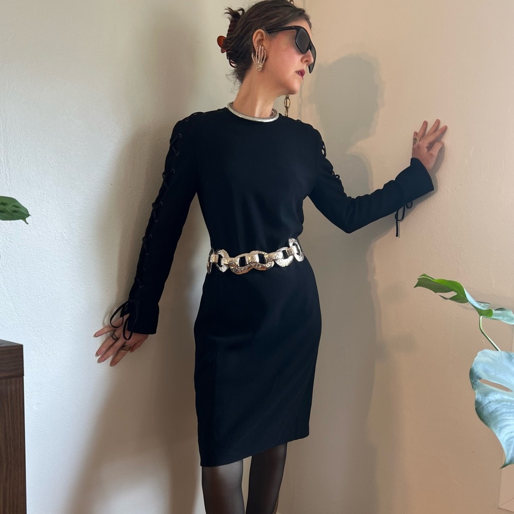 Louis Feraud Vintage 90s Long Sleeve Black Dress w/ Lace-Up Sleeves - Picture 7 of 9